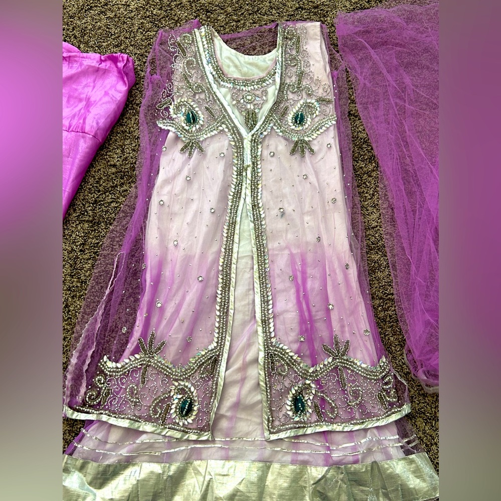 Beautiful 3 piece Anarkali/frock suit with net jacket and net dupatta/stole.